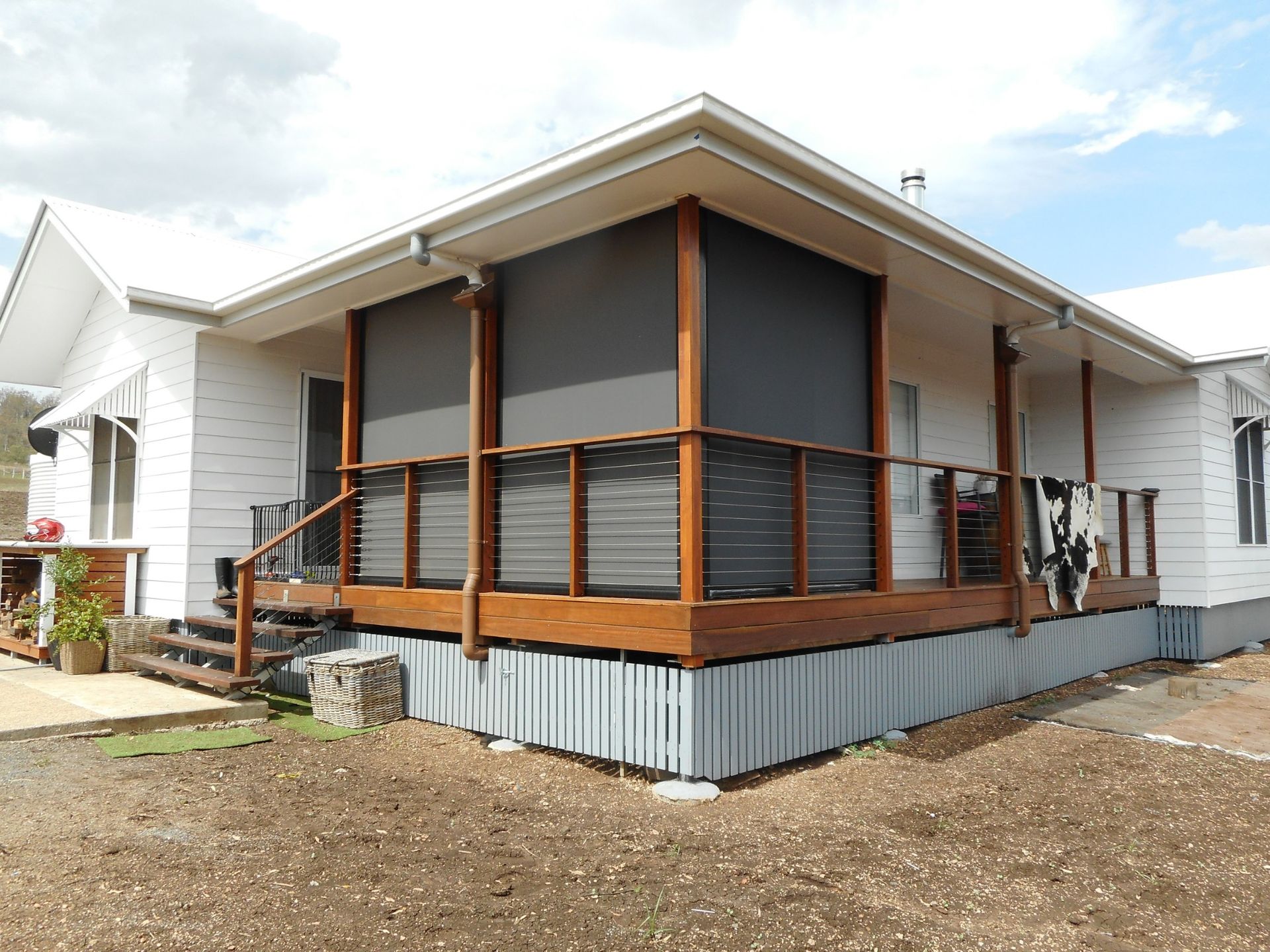 White House With Wooden Deck, Dark Gray Shades — Toowoomba Shade & Canvas in Harristown, QLD