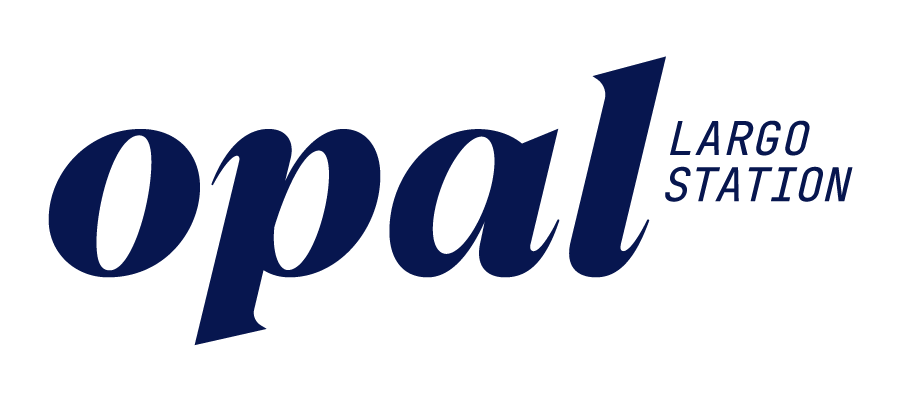 The logo for opal largo station is blue and white on a white background.