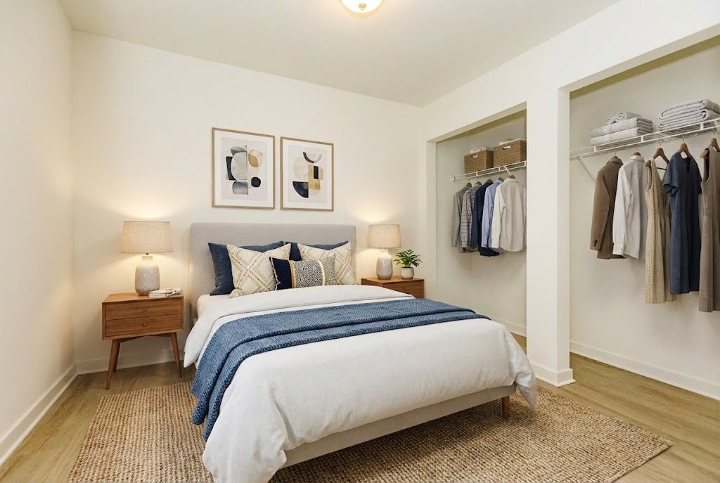 Bedroom with modern furnishings and seating area at Opal Largo Station Apartments in Largo, MD.