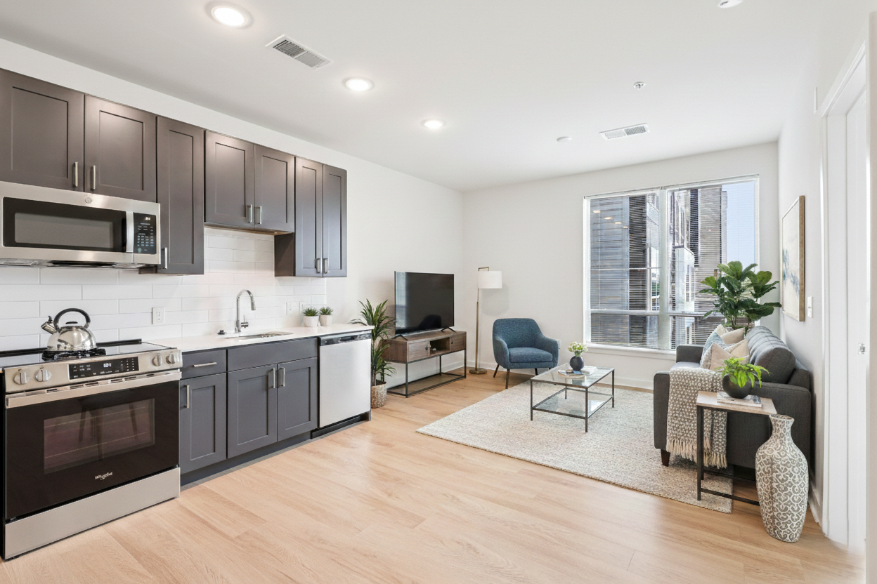 Bedroom with open closet and modern furnishings at Opal Largo Station Apartments in Largo, MD.