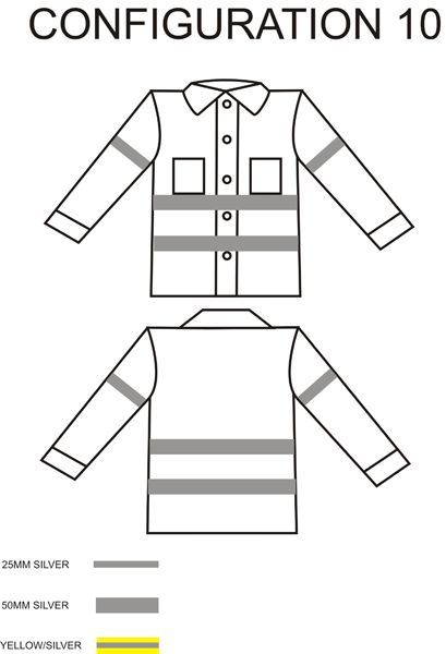 Diagram of a long-sleeved shirt with reflective silver stripes and accents, labeled