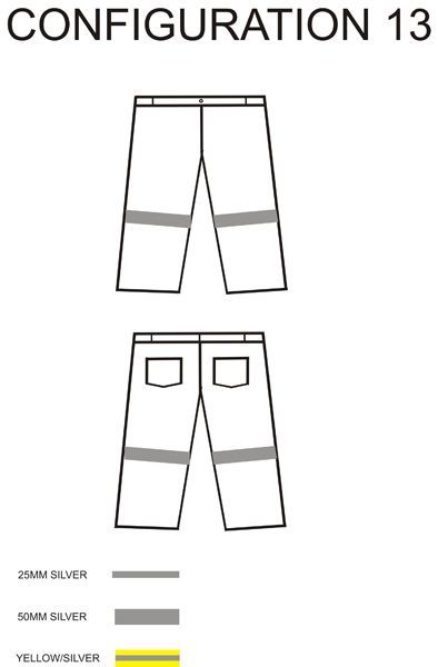 Diagram of work pants with silver reflective bands; front and back views.