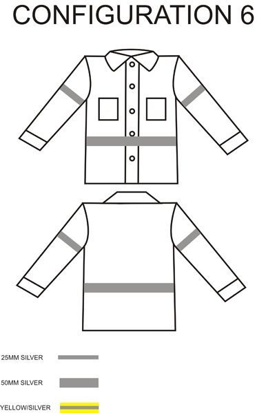 Diagram of a jacket with reflective strips. Front and back views. Silver strips on sleeves and bottom.