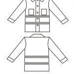 Diagram of a long-sleeved safety shirt with reflective stripes and two front pockets.