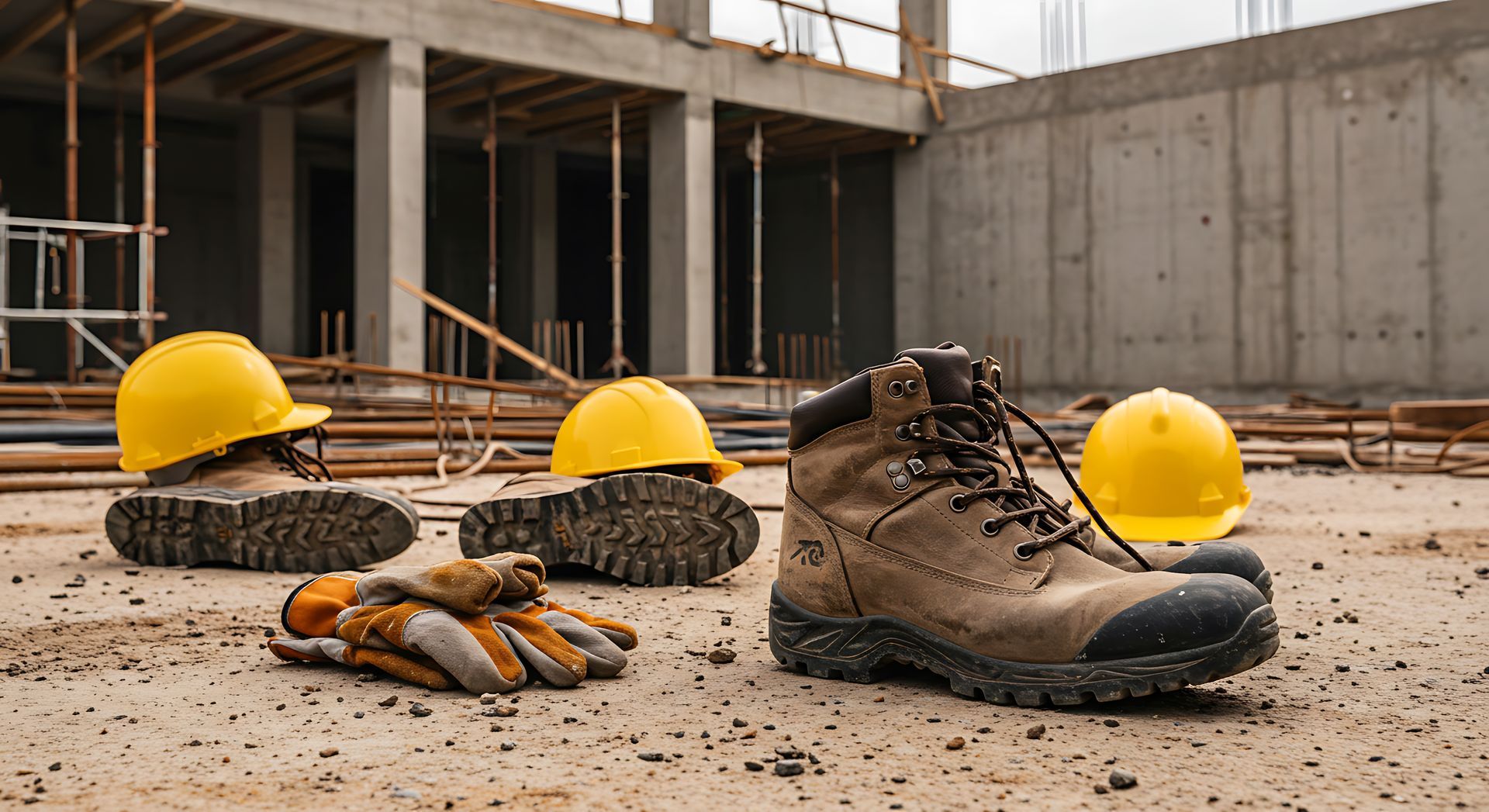 Construction site: work boots, hard hats, gloves on concrete floor, unfinished building in background.