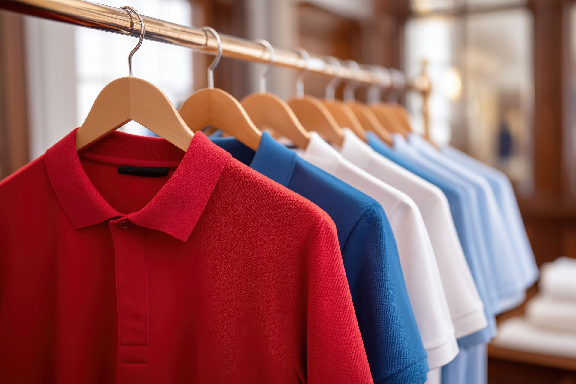 Row of colorful suit jackets hanging on wooden hangers.