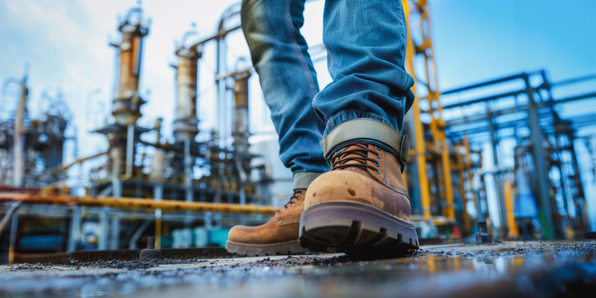 A person wearing work boots and jeans standing on a platform, industrial machinery in the background.