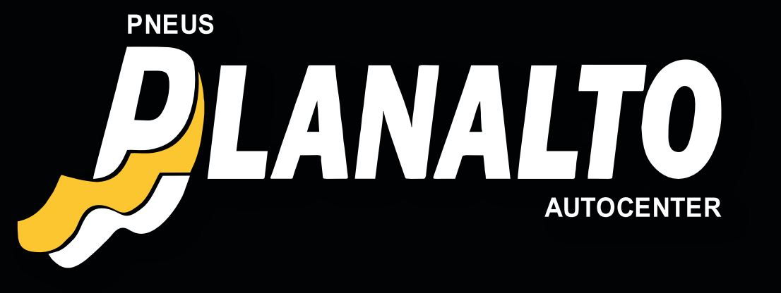 Logotipo da Planalto Autocenter, uma oficina mec&acirc;nica e de pneus, com texto branco sobre fundo preto, um "P" estilizado