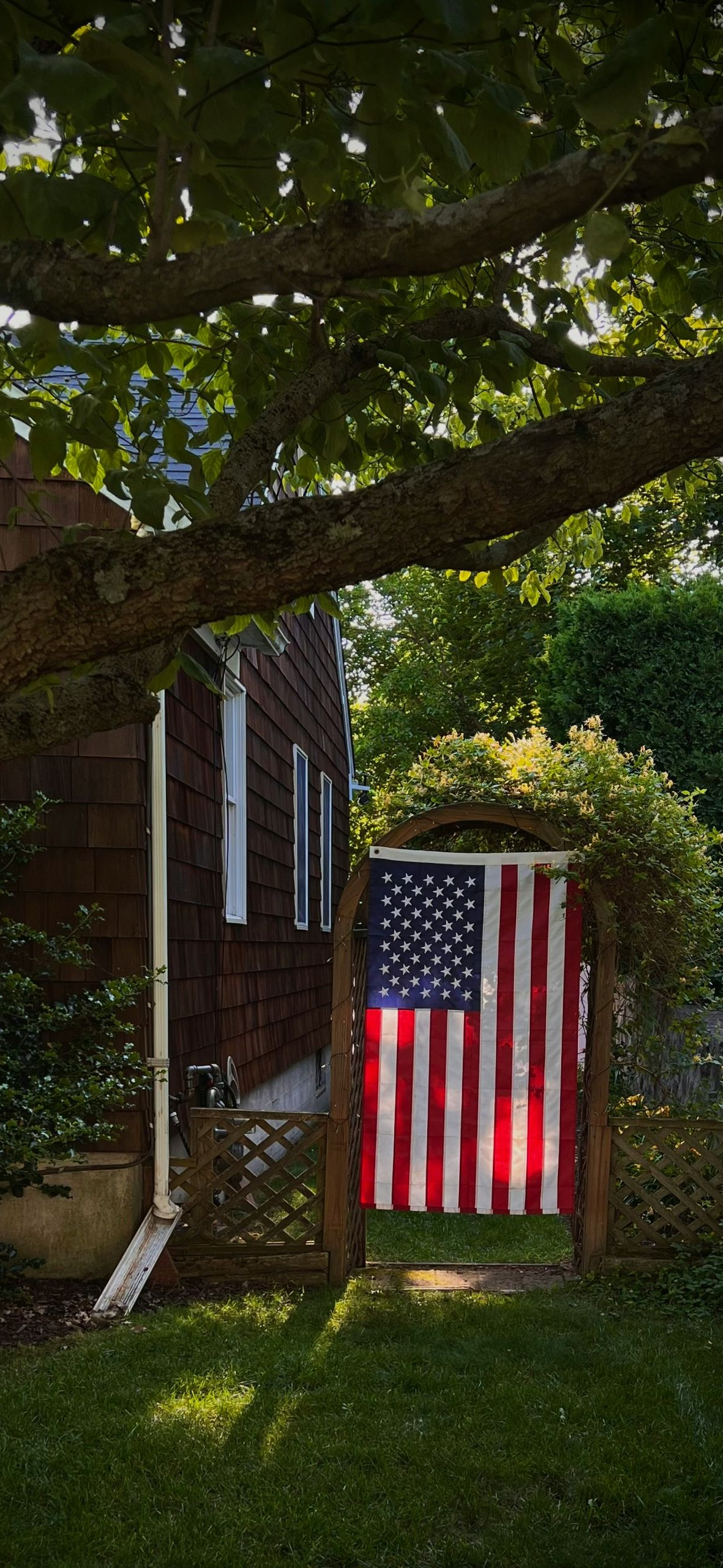 American flag hanging by a brick house under a large tree in a shaded yard