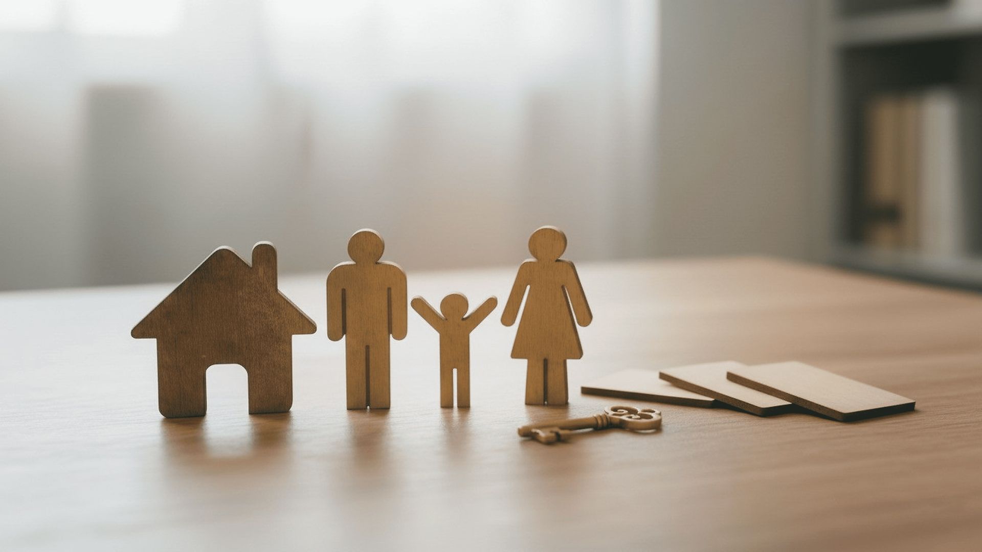 Wooden family figures and a house icon on a table beside keys and paperwork