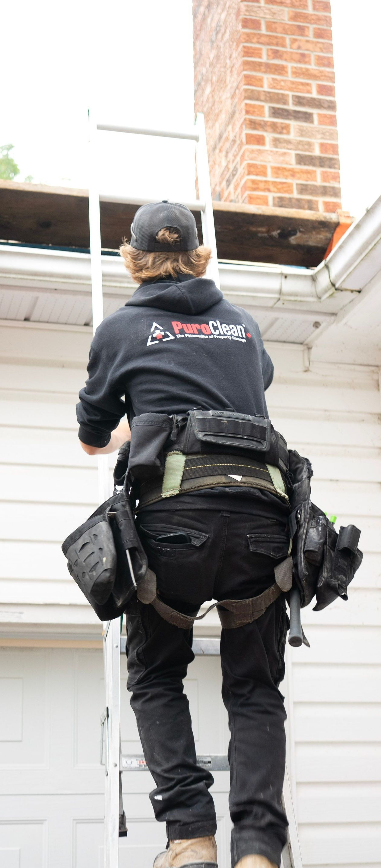 Roofer standing on a ladder inspecting white siding and brick chimney near a roof edge