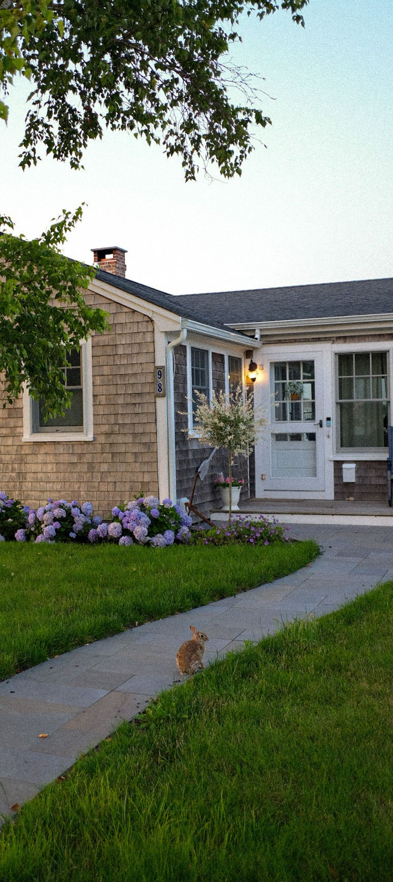 Front yard with stone walkway, green lawn, purple flowers, and a house with white porch doors at dusk