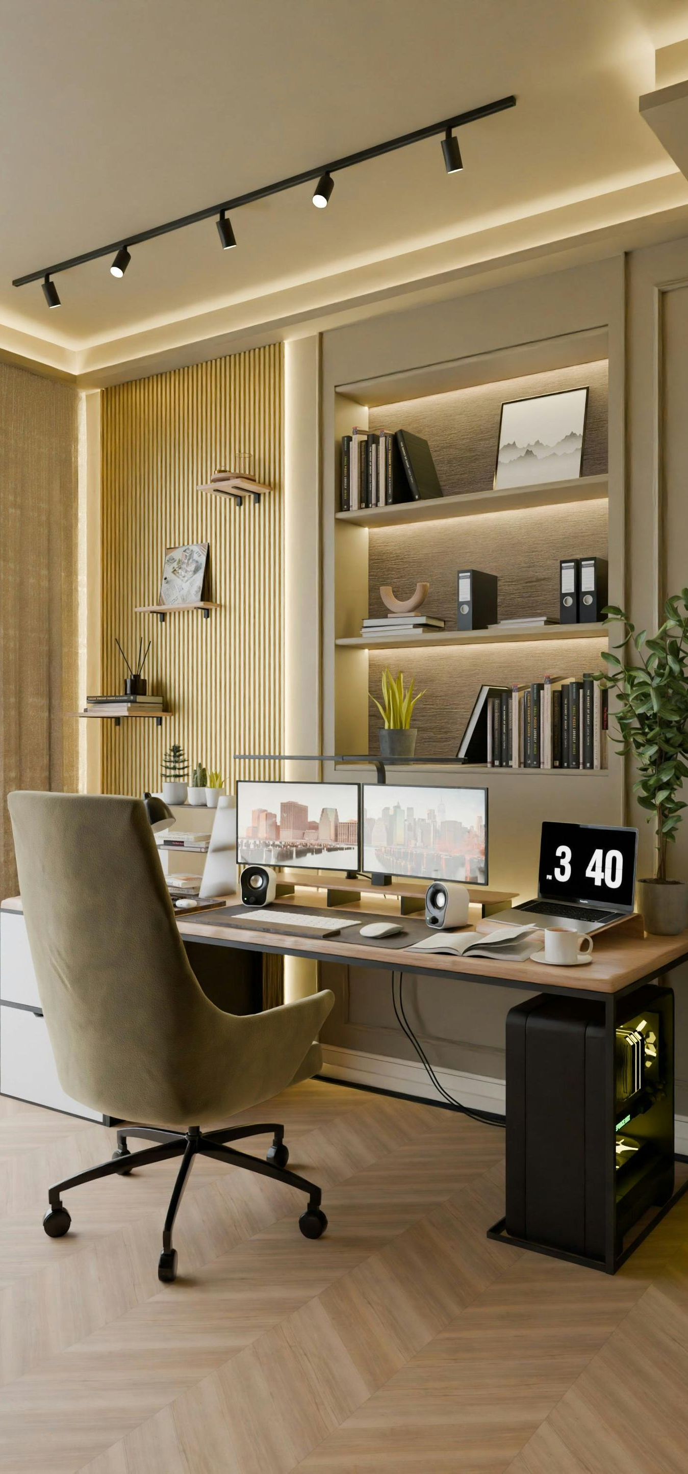 Modern home office with a desk, laptop, chair, shelving, and warm neutral decor