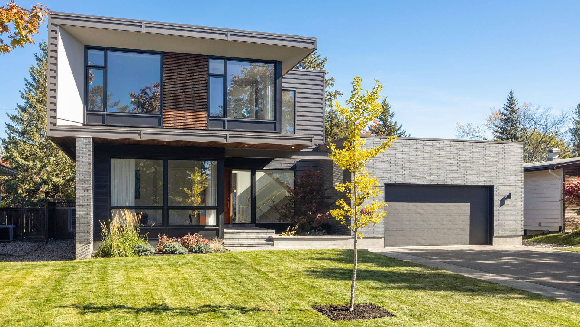 Modern two-story house with gray siding, large windows, garage, and a green front lawn with a young tree.