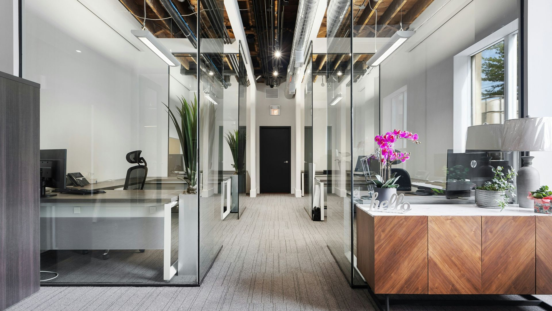 Modern glass-walled office interior with desks, ceiling lights, and a pink orchid on a wooden cabinet