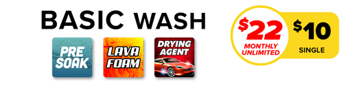 Basic wash service ad with $22 monthly and $10 single prices, plus pre-soak, foam, and drying agents icons