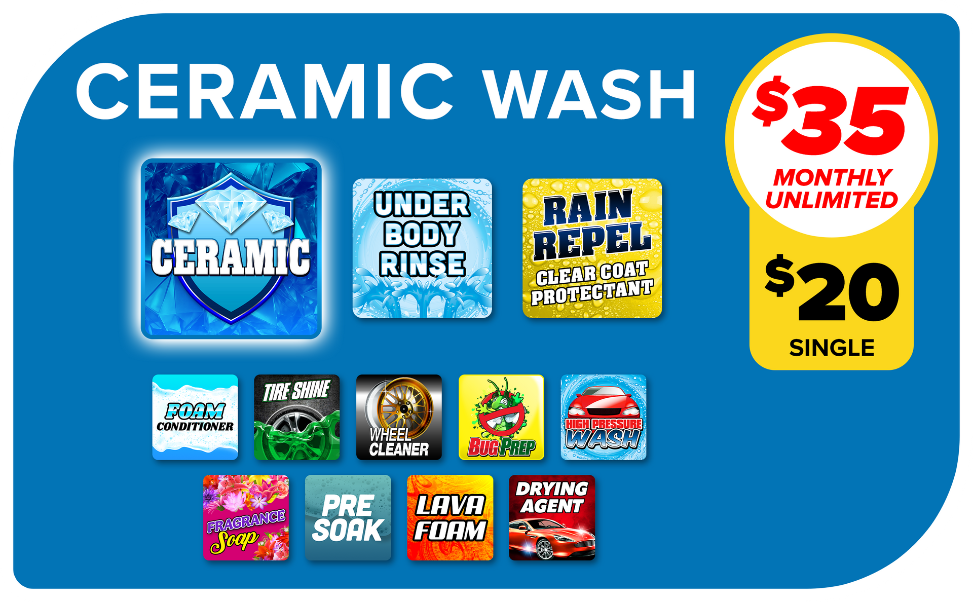 Ceramic wash car care ad with blue background, product logos, and $35 monthly unlimited or $20 single price tags
