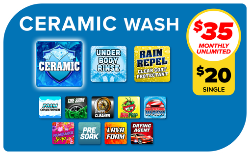Ceramic wash car care ad with blue background, product logos, and $35 monthly unlimited or $20 single price tags