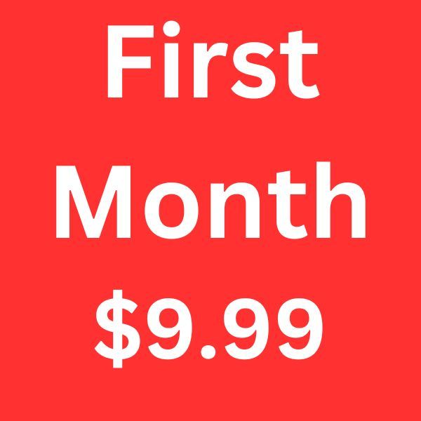 Red sale sign reading “First Month $9.99”