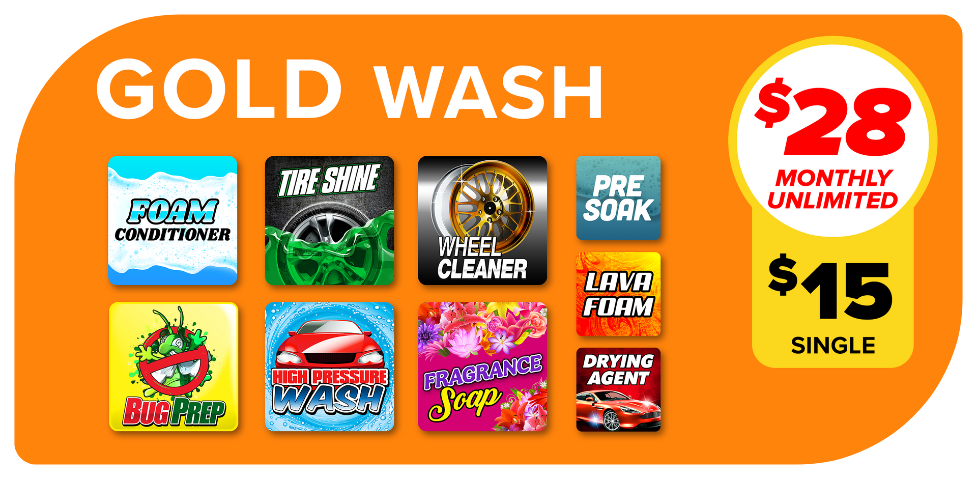 Gold Wash laundry ad with service icons and 