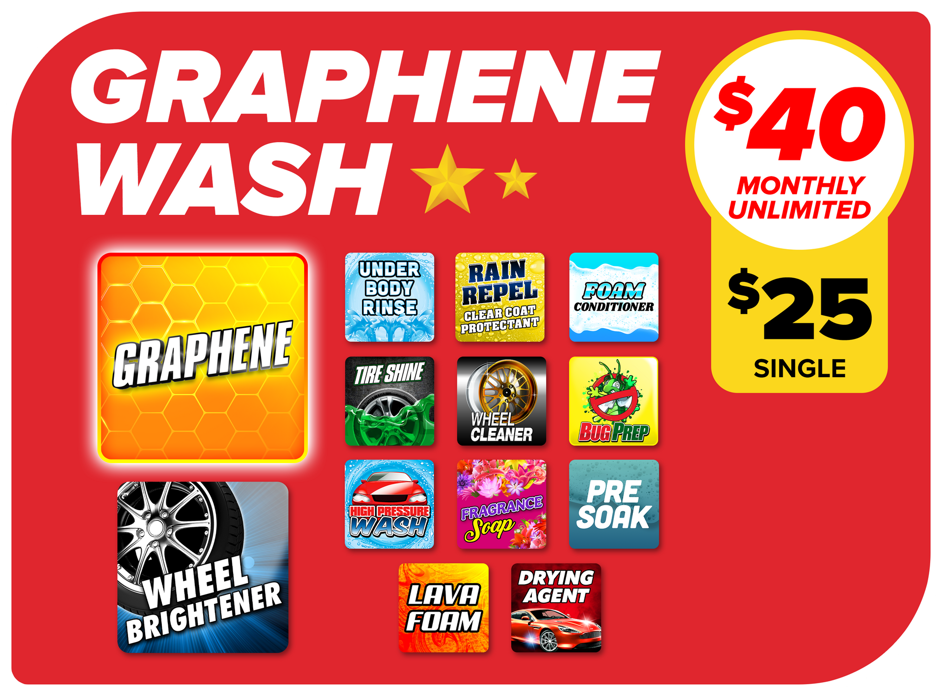 Red Graphene Wash car wash ad with pricing, stars, and service options on a bright red background