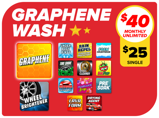 Red Graphene Wash car wash ad with pricing, stars, and service options on a bright red background