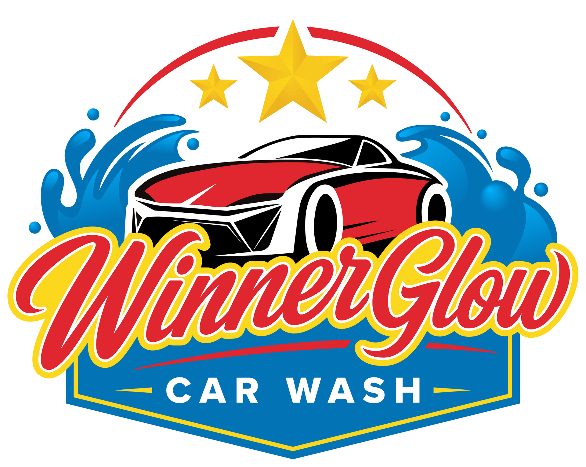 WinnerGlow car wash logo with red sports car, blue water splashes, and gold stars