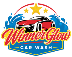 WinnerGlow car wash logo with red sports car, blue water splashes, and gold stars