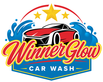 HOME WinnerGlow car wash logo with red sports car, blue water splashes, and gold stars
