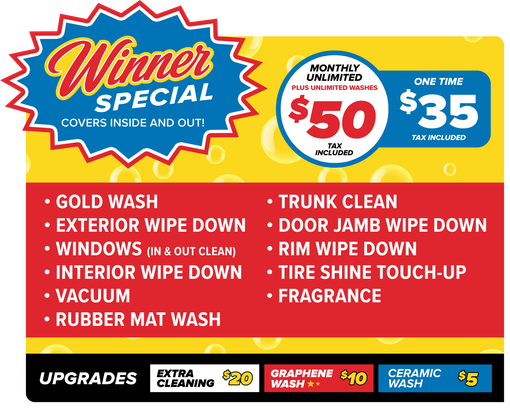 Winner Special car wash menu with red, yellow and blue pricing for $50, $35 and upgrade options