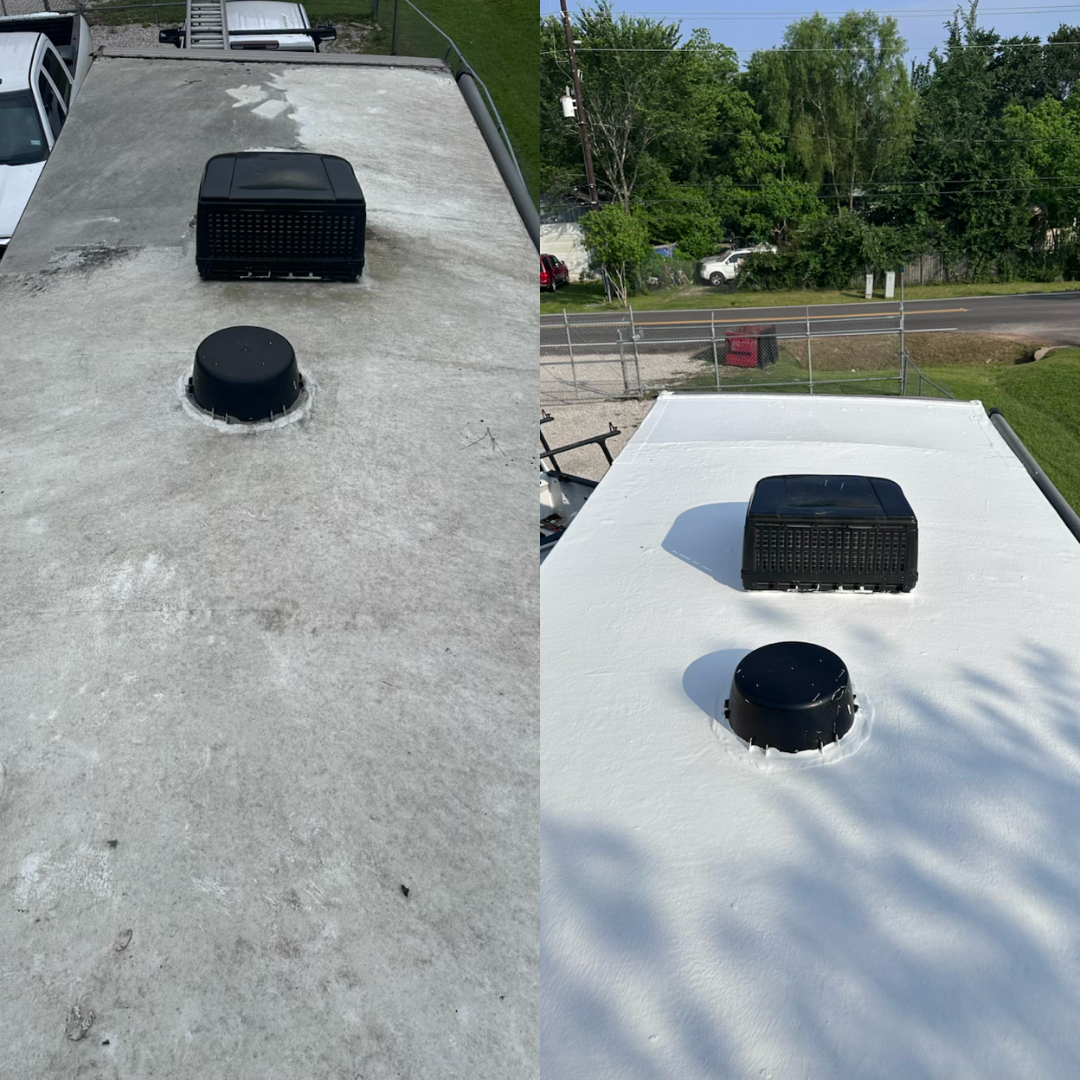 Flat rooftop with two black vents, one on a white-coated section and one on gray concrete, with trees in the background