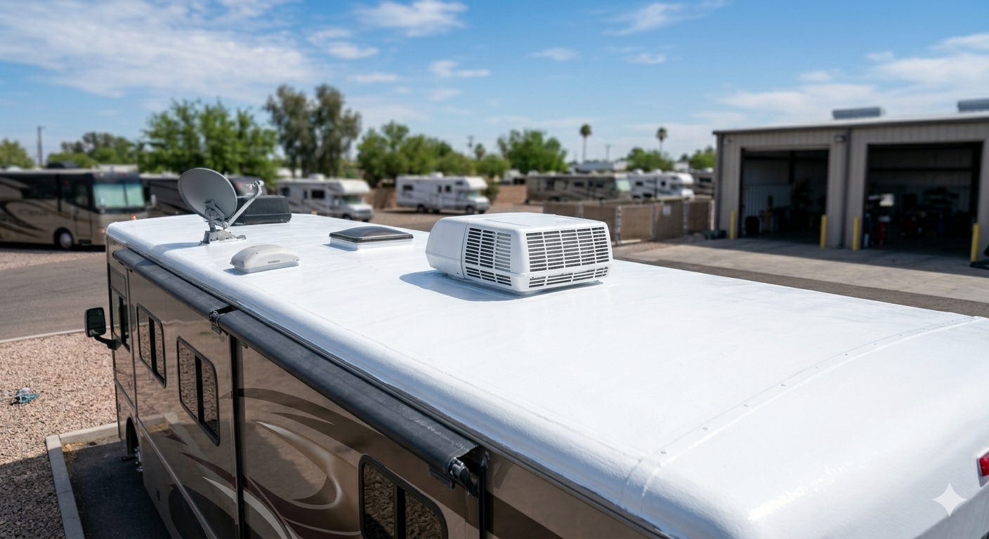 RV roof with white air conditioners and vents in a sunny parking area