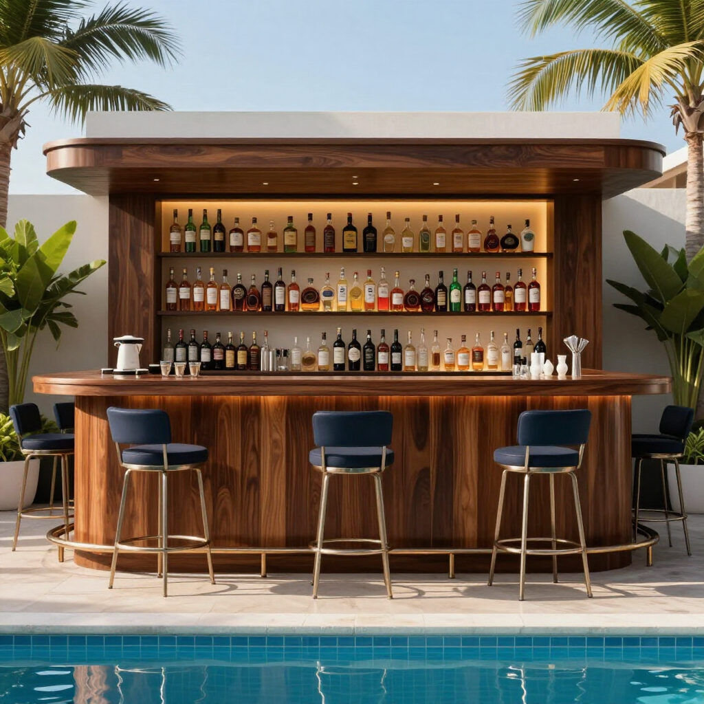 Bar externo à beira da piscina com garrafas em prateleiras, três banquetas e palmeiras ao fundo.