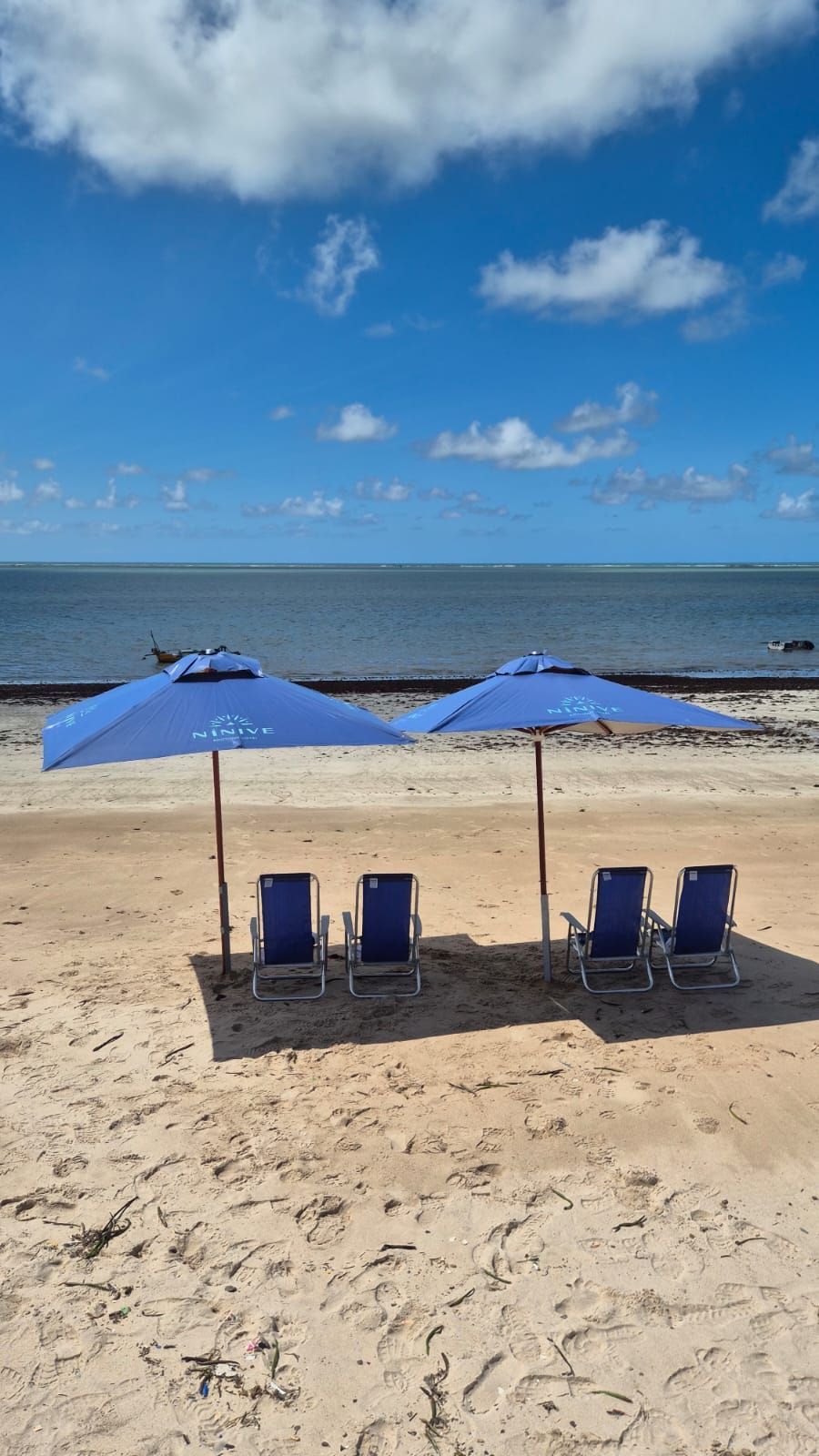 Cadeiras de praia sob guarda-sóis azuis em uma praia de areia com o oceano e céu nublado ao fundo.