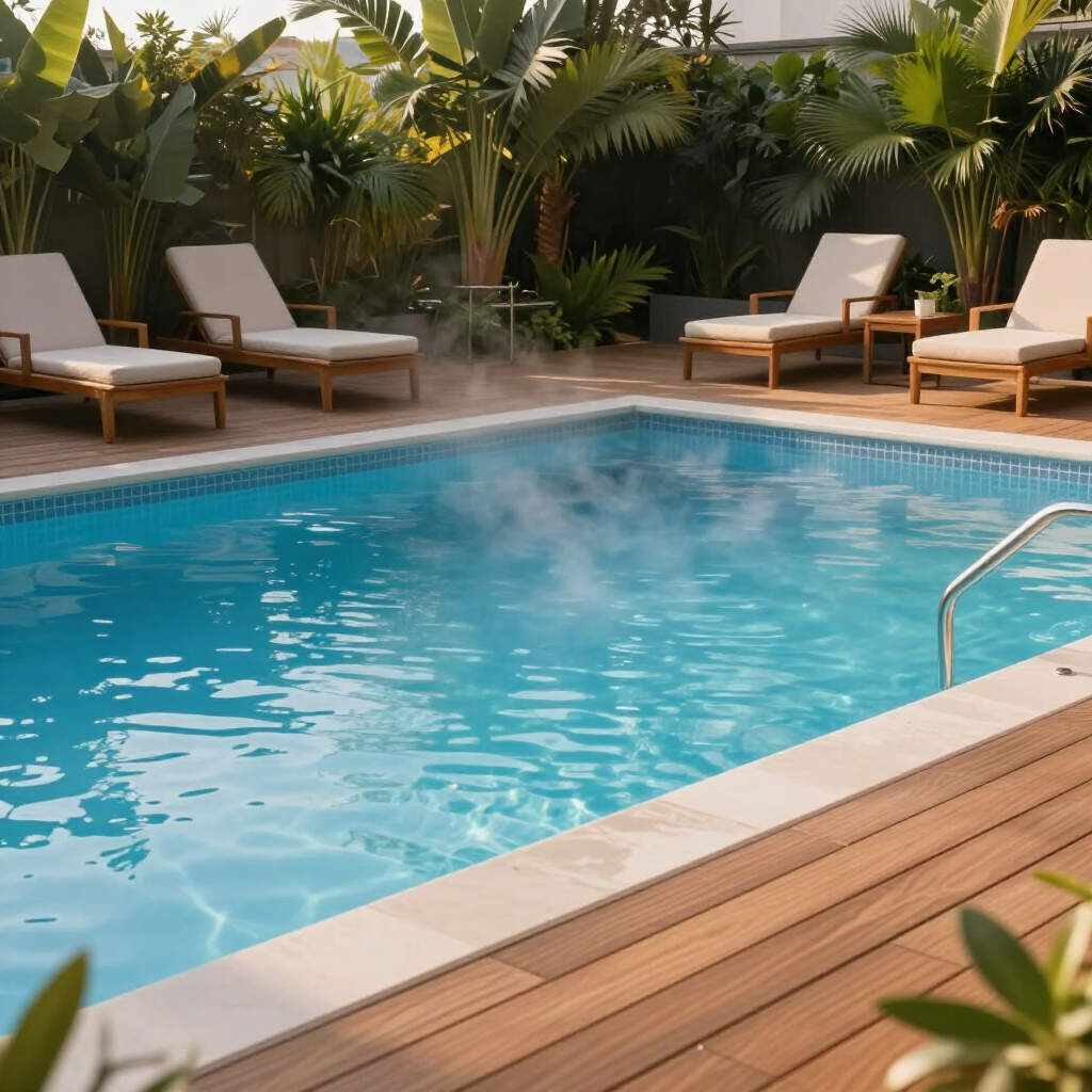 Piscina externa com água turquesa, espreguiçadeiras e plantas tropicais ao longo do deck.