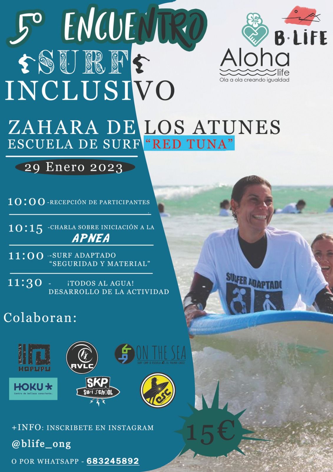 Una persona con limitaciΓ³n funcional disfruta de las olas con una gran sonrisa. Cartel del evento.