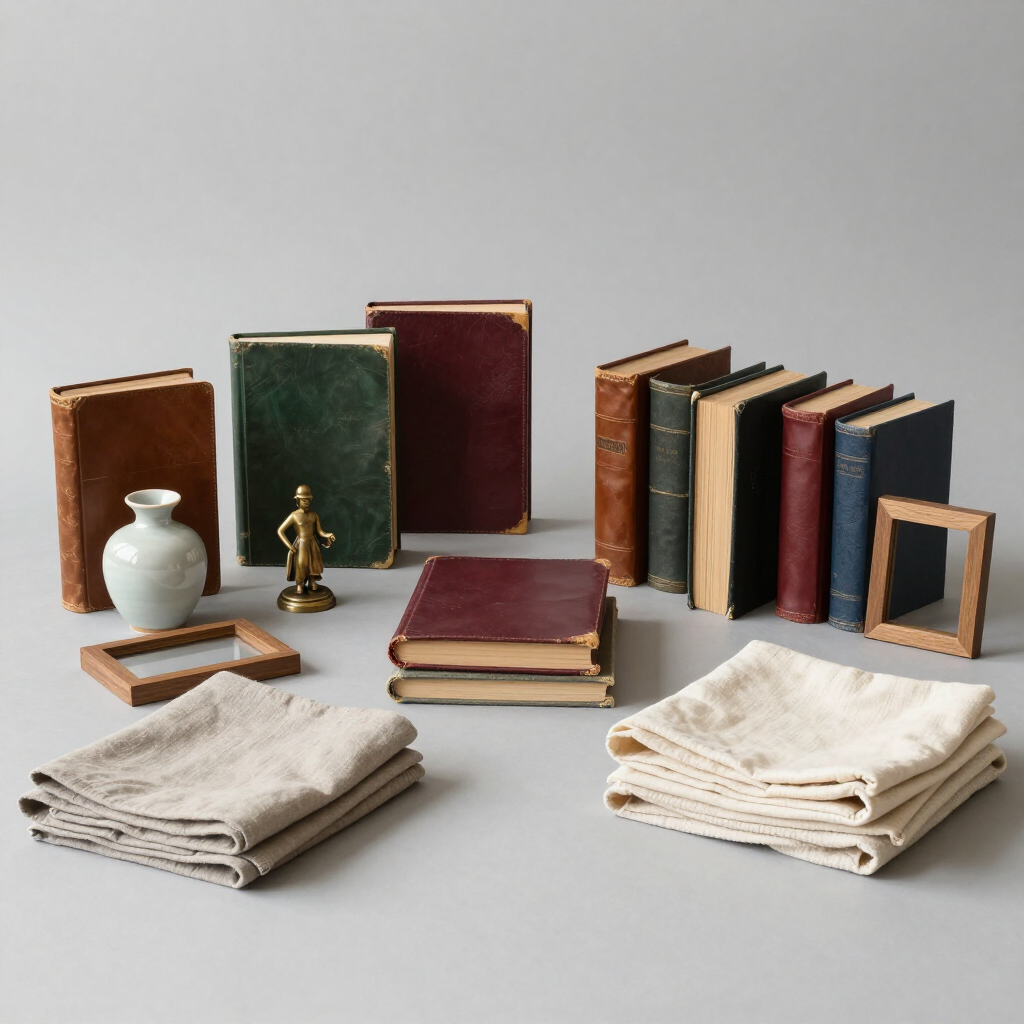 Varios libros antiguos, paños doblados y pequeños objetos decorativos dispuestos sobre una superficie gris.