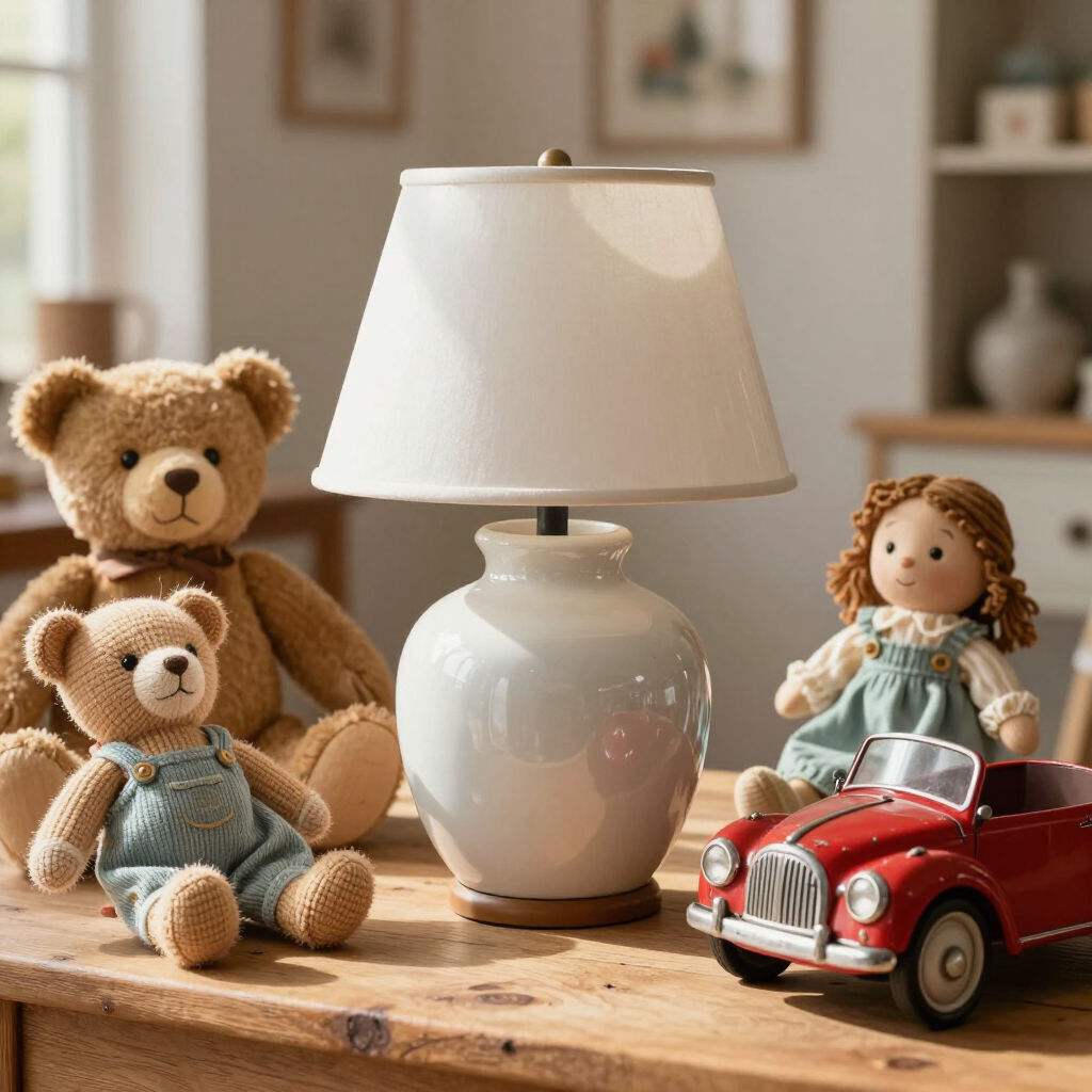 Ositos de peluche, una muñeca y un coche de juguete rojo alrededor de una lámpara de mesa blanca sobre una mesa de madera.