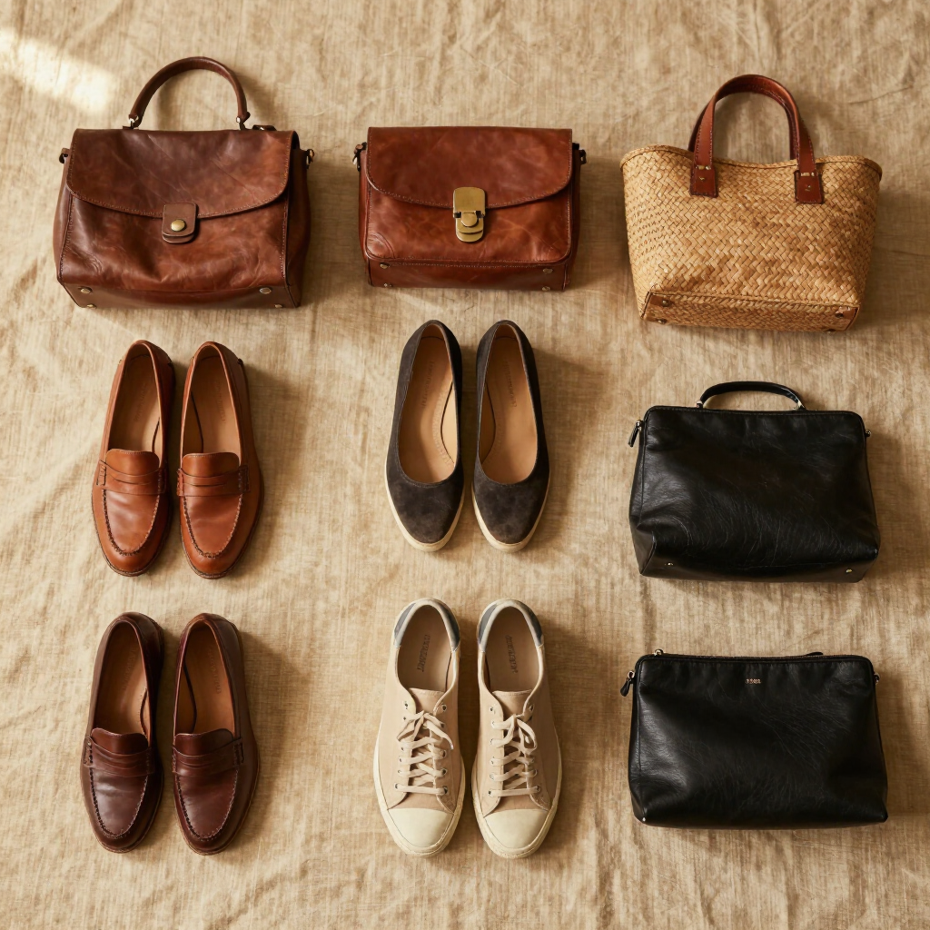 Zapatos y bolsos variados, cuidadosamente dispuestos sobre una superficie beige.