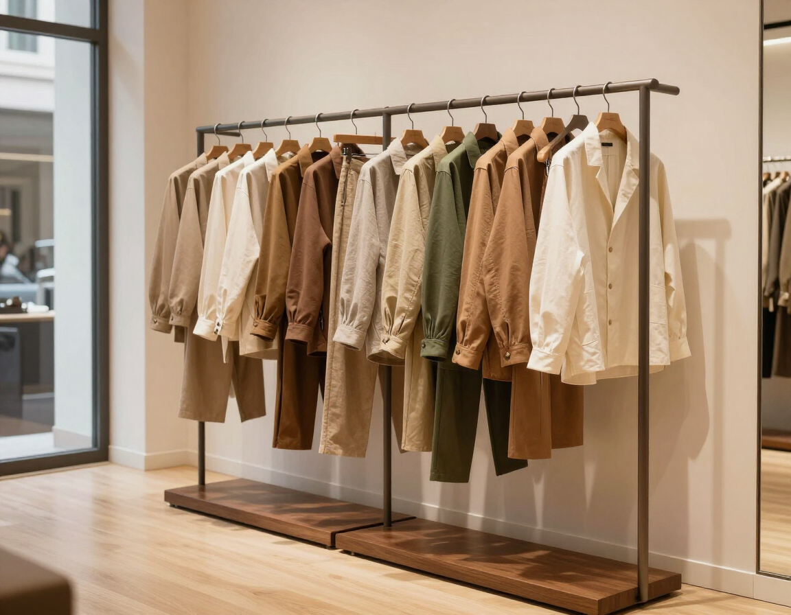 Un perchero con camisas y chaquetas en tonos neutros se exhibe en una boutique minimalista.