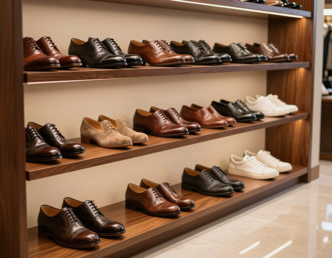 Exhibición de una zapatería con filas de zapatos de vestir de cuero para hombre en estantes de madera.