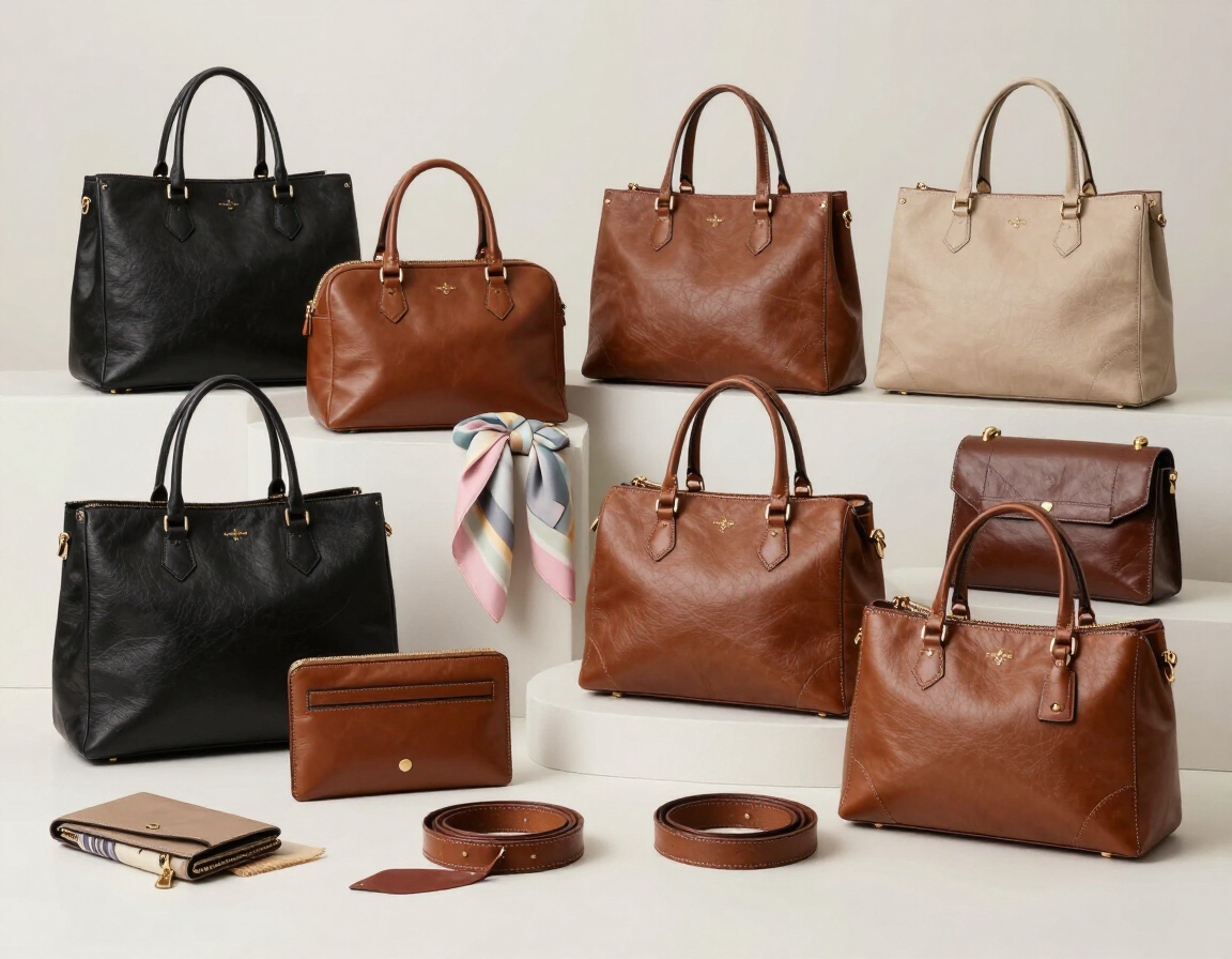 Bolsos, carteras, bufandas y cinturones variados en negro, marrón y beige sobre un fondo claro.