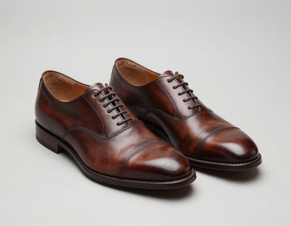 Un par de zapatos de vestir de cuero marrón sobre un fondo claro liso.