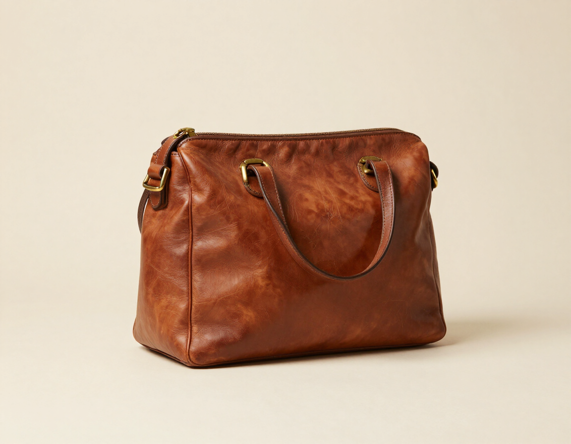 Bolso de mano de piel marrón con asas sobre un fondo beige liso.