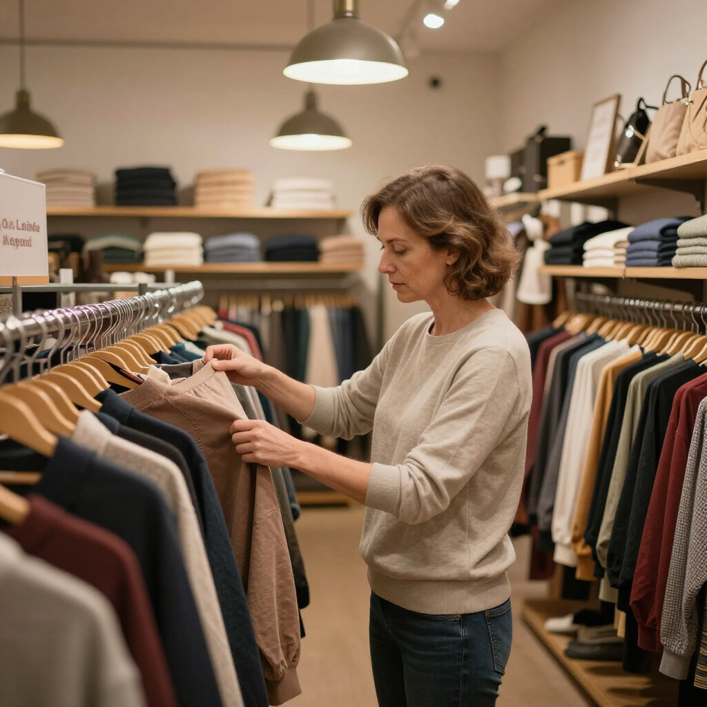 Una mujer mira ropa en los percheros de una boutique, sosteniendo un suéter marrón.