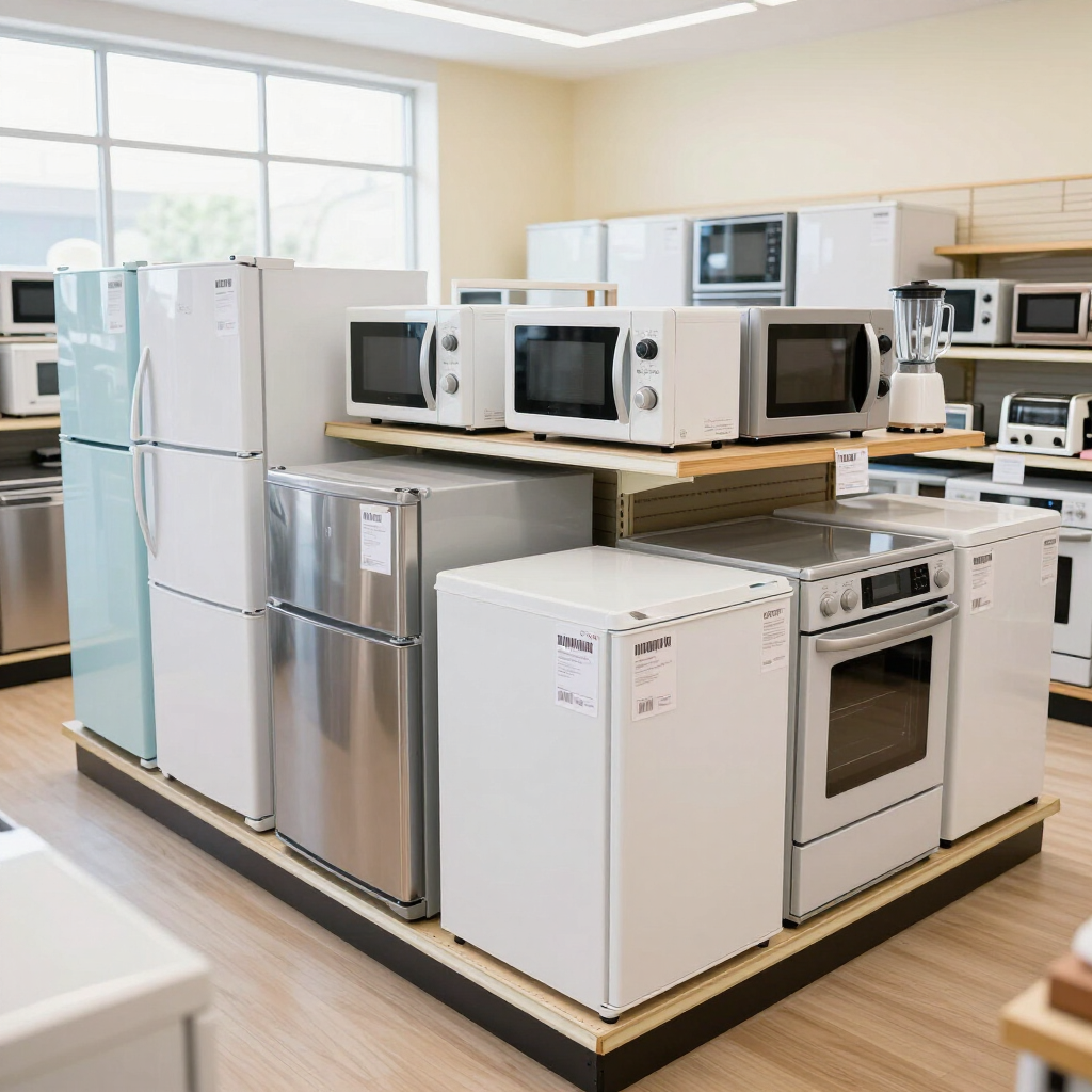 Exposición de electrodomésticos con refrigeradores