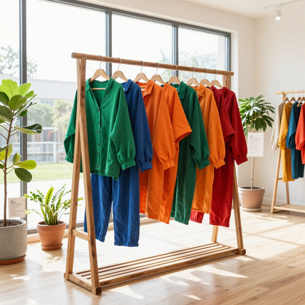Chaquetas coloridas colgadas en un perchero de madera en una habitación luminosa y soleada con plantas en macetas.