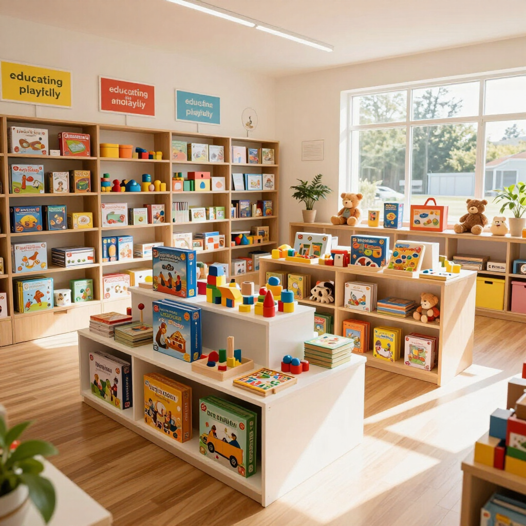 Aula de preescolar luminosa con juguetes coloridos, libros y estanterías de madera, bañada por la cálida luz del sol.