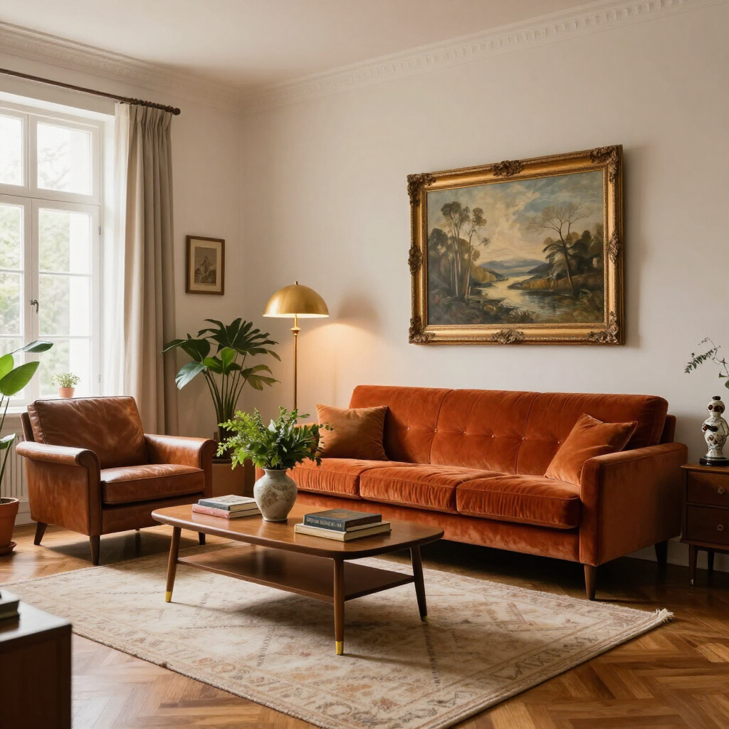 Acogedora sala de estar con sofá naranja, sillón, mesa de centro, lámpara de pie, plantas y cuadros paisajísticos enmarcados.