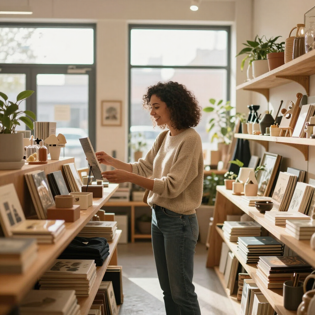 Una mujer examina productos en una acogedora tienda boutique con estantes de madera y cálida luz natural.